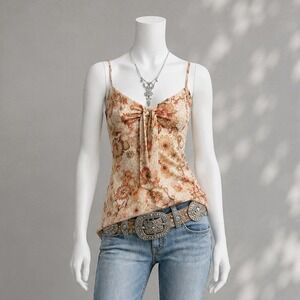 Vintage Y2K Rampage Babydoll Top L Pink Cream Sheer Romantic Floral Fairy Cami
